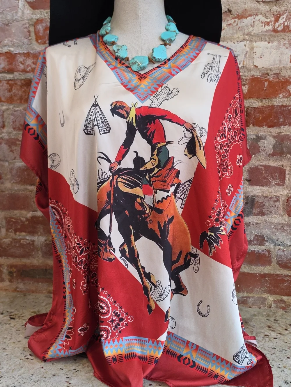 Silky Red Western Rodeo Print Women's Top 1636